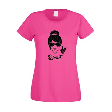 Damen JGA T-Shirt - Rock n Roll Braut - Glitzer fuchsia-goldglitzer XS