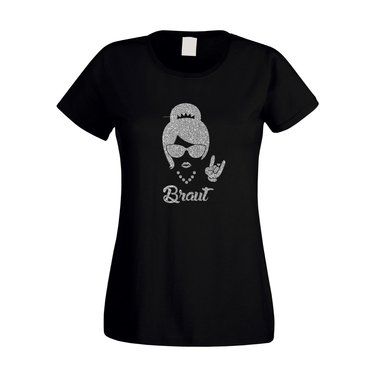Damen JGA T-Shirt - Rock n Roll Braut - Glitzer fuchsia-goldglitzer XS