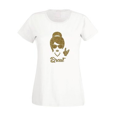 Damen JGA T-Shirt - Rock n Roll Braut - Glitzer fuchsia-goldglitzer XS