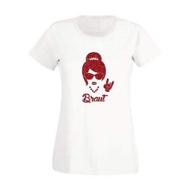 Damen JGA T-Shirt - Rock n Roll Braut - Glitzer fuchsia-goldglitzer XS