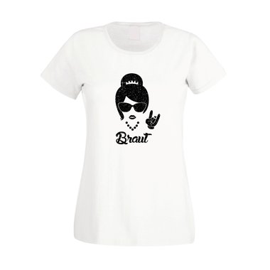 Damen JGA T-Shirt - Rock n Roll Braut - Glitzer fuchsia-goldglitzer XS