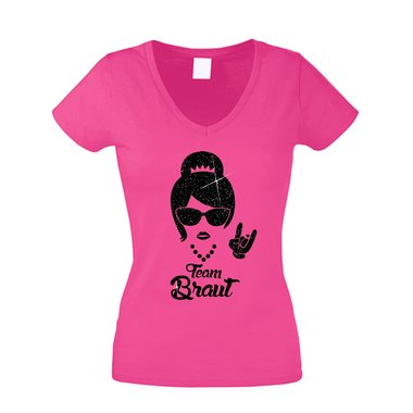 Damen T-Shirt V-Neck - Team Braut - Glitzer - Rock n Roll fuchsia-schwarzglitzer XS