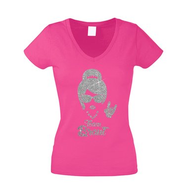 Damen T-Shirt V-Neck - Team Braut - Glitzer - Rock n Roll fuchsia-schwarzglitzer XS
