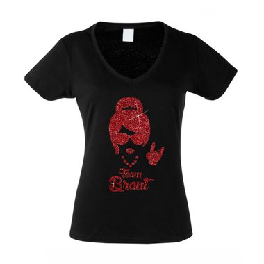Damen T-Shirt V-Neck - Team Braut - Glitzer - Rock n Roll fuchsia-schwarzglitzer XS