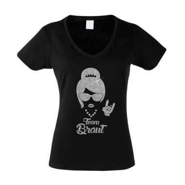 Damen T-Shirt V-Neck - Team Braut - Glitzer - Rock n Roll fuchsia-schwarzglitzer XS