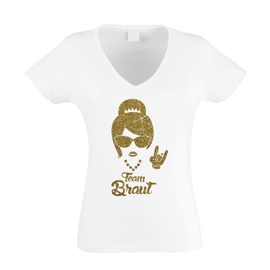Damen T-Shirt V-Neck - Team Braut - Glitzer - Rock n Roll fuchsia-schwarzglitzer XS