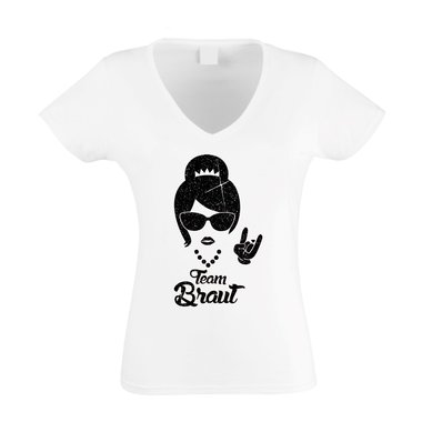 Damen T-Shirt V-Neck - Team Braut - Glitzer - Rock n Roll fuchsia-schwarzglitzer XS