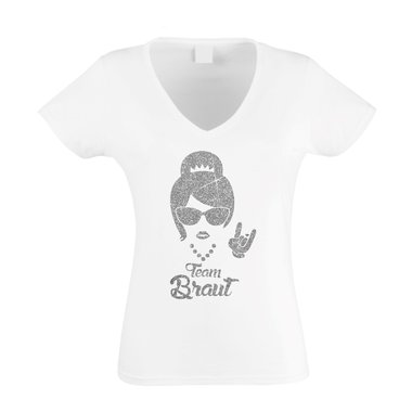Damen T-Shirt V-Neck - Team Braut - Glitzer - Rock n Roll weiss-silberglitzer XXL