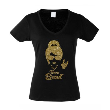 Damen T-Shirt V-Neck - Team Braut - Glitzer - Rock n Roll weiss-silberglitzer XXL