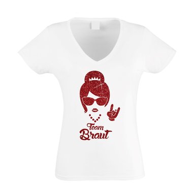 Damen T-Shirt V-Neck - Team Braut - Glitzer - Rock n Roll weiss-silberglitzer XXL