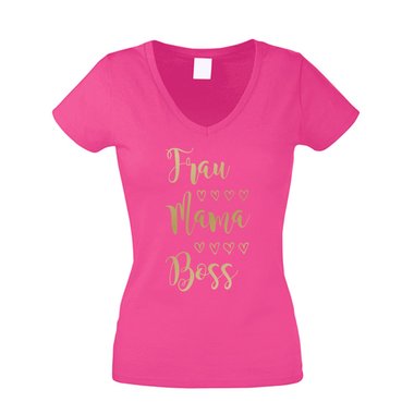 Damen T-Shirt V-Neck - Frau, Mama, Boss fuchsia-gold XS
