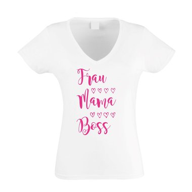 Damen T-Shirt V-Neck - Frau, Mama, Boss fuchsia-gold XS