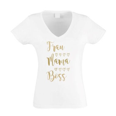 Damen T-Shirt V-Neck - Frau, Mama, Boss fuchsia-gold XS