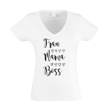 Damen T-Shirt V-Neck - Frau, Mama, Boss weiss-schwarz XXL