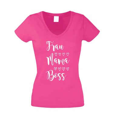 Damen T-Shirt V-Neck - Frau, Mama, Boss weiss-schwarz XXL