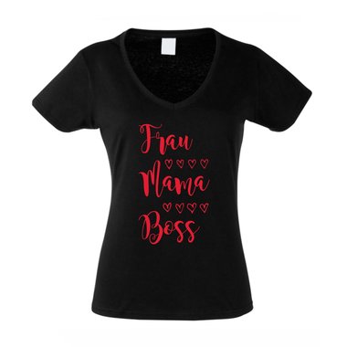 Damen T-Shirt V-Neck - Frau, Mama, Boss weiss-schwarz XXL