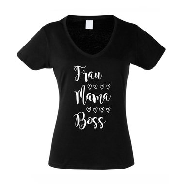 Damen T-Shirt V-Neck - Frau, Mama, Boss weiss-schwarz XXL