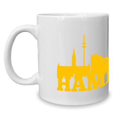 Kaffeebecher - Tasse - Hamburg Skyline weiss-gelb