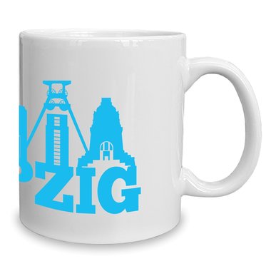 Kaffeebecher - Tasse - Leipzig Skyline weiss-cyan