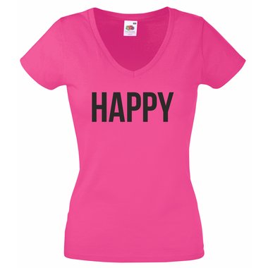 Damen T-Shirt Happy V-Ausschnitt