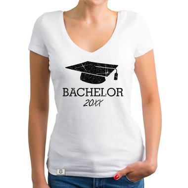 Damen T-Shirt V-Neck - Bachelor mit Wunschjahr weiss-schwarz XXL