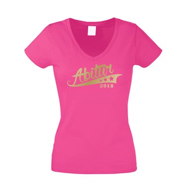 Damen T-Shirt V-Neck - Abitur 2018 - Sterne fuchsia-gold XS