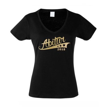 Damen T-Shirt V-Neck - Abitur 2018 - Sterne fuchsia-gold XS