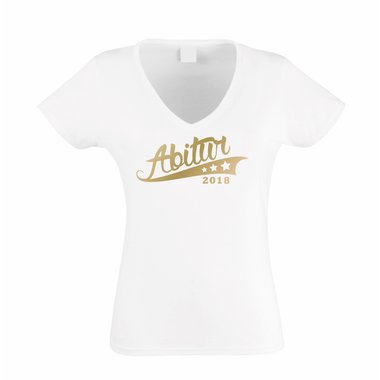 Damen T-Shirt V-Neck - Abitur 2018 - Sterne fuchsia-gold XS