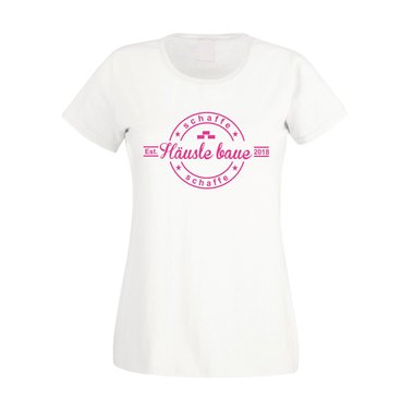Damen T-Shirt - Schaffe schaffe Husle baue - 2018 fuchsia-gelb XS