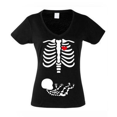 Damen V-NECK T-Shirt Halloween Skelett Mama & Baby