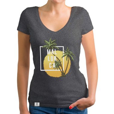 Damen T-Shirt V-Neck - Mallorca Palmen und Sonne dunkelgrau-weiss XS