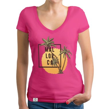 Damen T-Shirt V-Neck - Mallorca Palmen und Sonne dunkelgrau-weiss XS