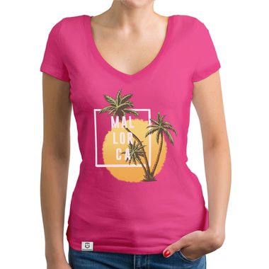 Damen T-Shirt V-Neck - Mallorca Palmen und Sonne dunkelgrau-weiss XS
