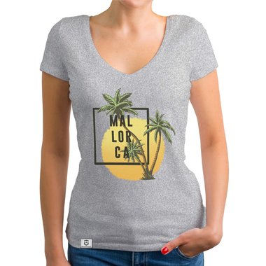 Damen T-Shirt V-Neck - Mallorca Palmen und Sonne dunkelgrau-weiss XS