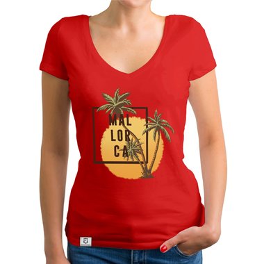 Damen T-Shirt V-Neck - Mallorca Palmen und Sonne dunkelgrau-weiss XS