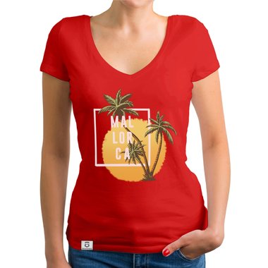 Damen T-Shirt V-Neck - Mallorca Palmen und Sonne dunkelgrau-weiss XS