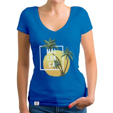 Damen T-Shirt V-Neck - Mallorca Palmen und Sonne dunkelgrau-weiss XS