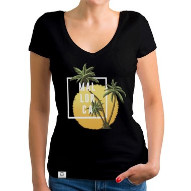 Damen T-Shirt V-Neck - Mallorca Palmen und Sonne dunkelgrau-weiss XS