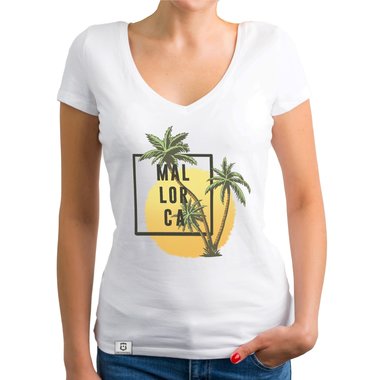 Damen T-Shirt V-Neck - Mallorca Palmen und Sonne dunkelgrau-weiss XS