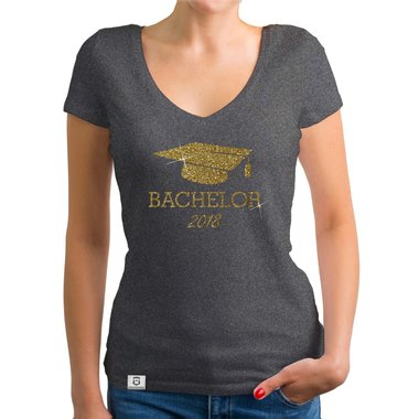 Damen T-Shirt V-Neck - Bachelor 2018 - Glitzer dunkelgrau-goldglitzer XS