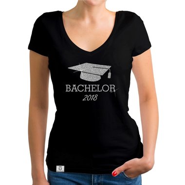 Damen T-Shirt V-Neck - Bachelor 2018 - Glitzer weiss-schwarzglitzer XXL