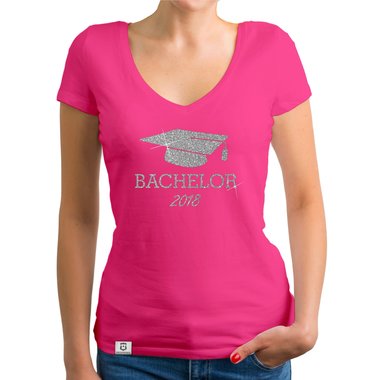 Damen T-Shirt V-Neck - Bachelor 2018 - Glitzer weiss-schwarzglitzer XXL