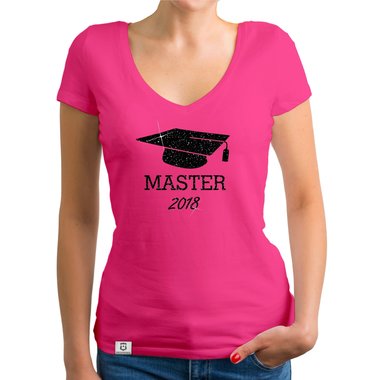 Damen T-Shirt V-Neck - Master 2018 - Glitzer fuchsia-schwarzglitzer XS