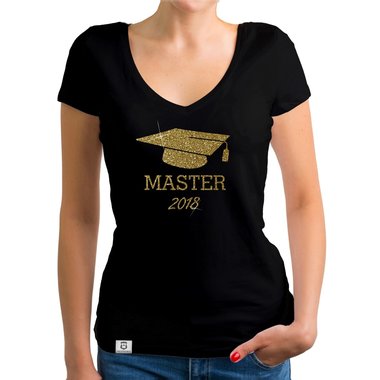 Damen T-Shirt V-Neck - Master 2018 - Glitzer schwarz-goldglitzer L