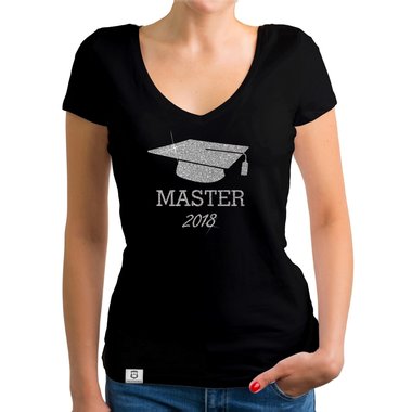 Damen T-Shirt V-Neck - Master 2018 - Glitzer schwarz-goldglitzer L