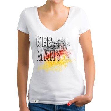 Damen T-Shirt V-Neck - WM - Germany Farbkleckse weiss XXL