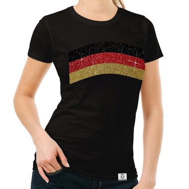 Damen T-Shirt - Deutschland-Flagge - mit Glitzer - Wunschname und Wunschnummer auf der Rückseite