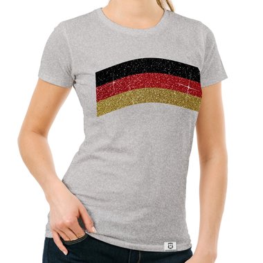 Damen T-Shirt - Deutschland-Flagge - mit Glitzer - Wunschname und Wunschnummer auf der Rckseite