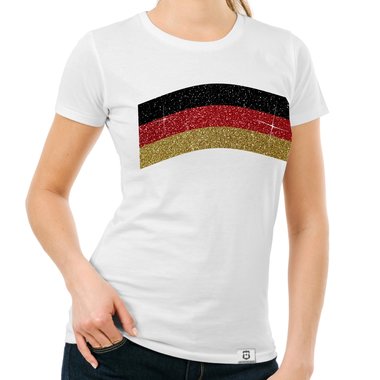Damen T-Shirt - Deutschland-Flagge - mit Glitzer - Wunschname und Wunschnummer auf der Rückseite