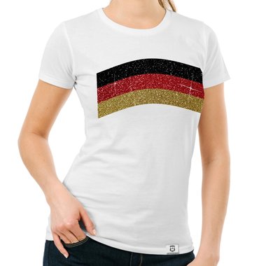 Damen T-Shirt - Deutschland-Flagge - mit Glitzer - Wunschname und Wunschnummer auf der Rckseite